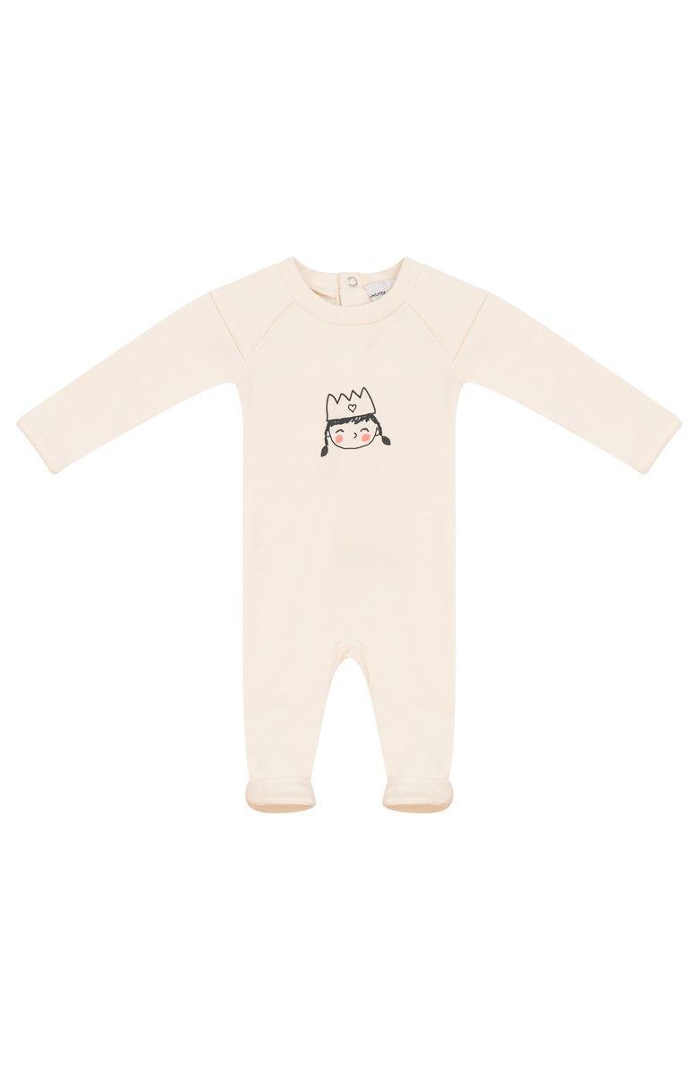 Charlotte & George Girl French Fleece Crown Print Long Sleeve Romper, Main, color, Cream