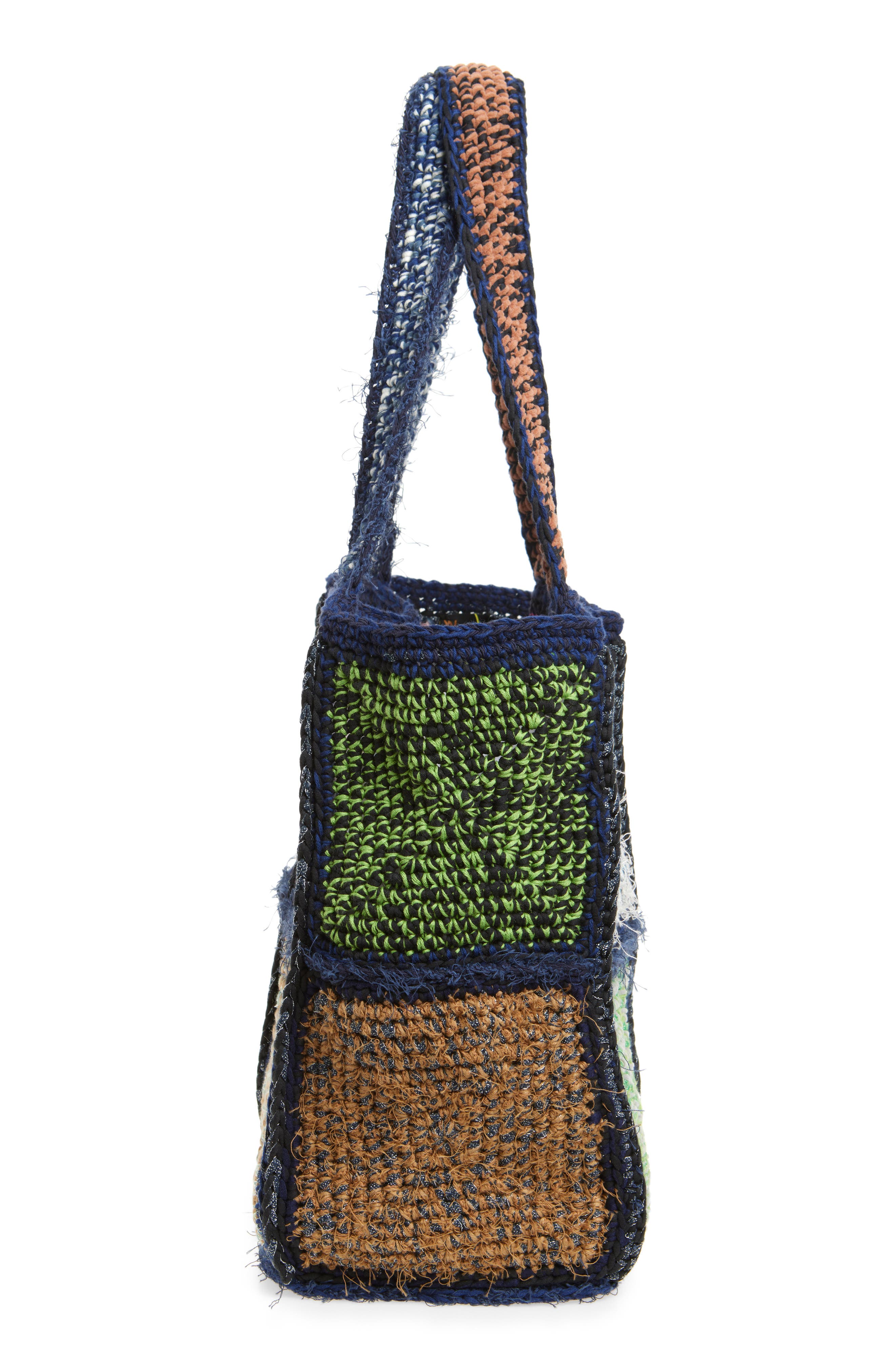 Waste Yarn Project Marie Square One of a Kind Crochet Tote, Alternate, color, Multi Blue Color Patch