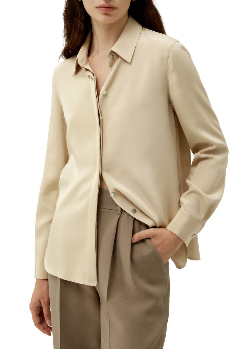 Women's Graceful Button Up Silk Blouse, Main, color, Dune