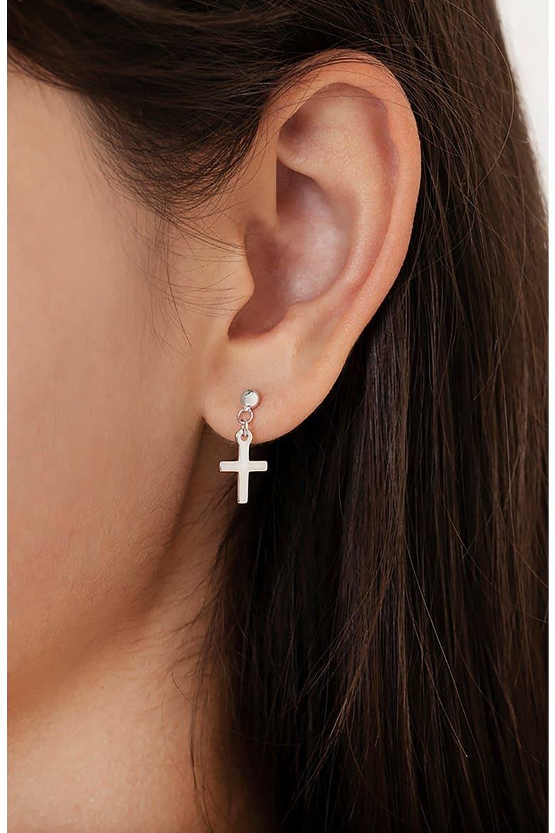 My First Dangle Cross Earrings, Alternate, color, Silver