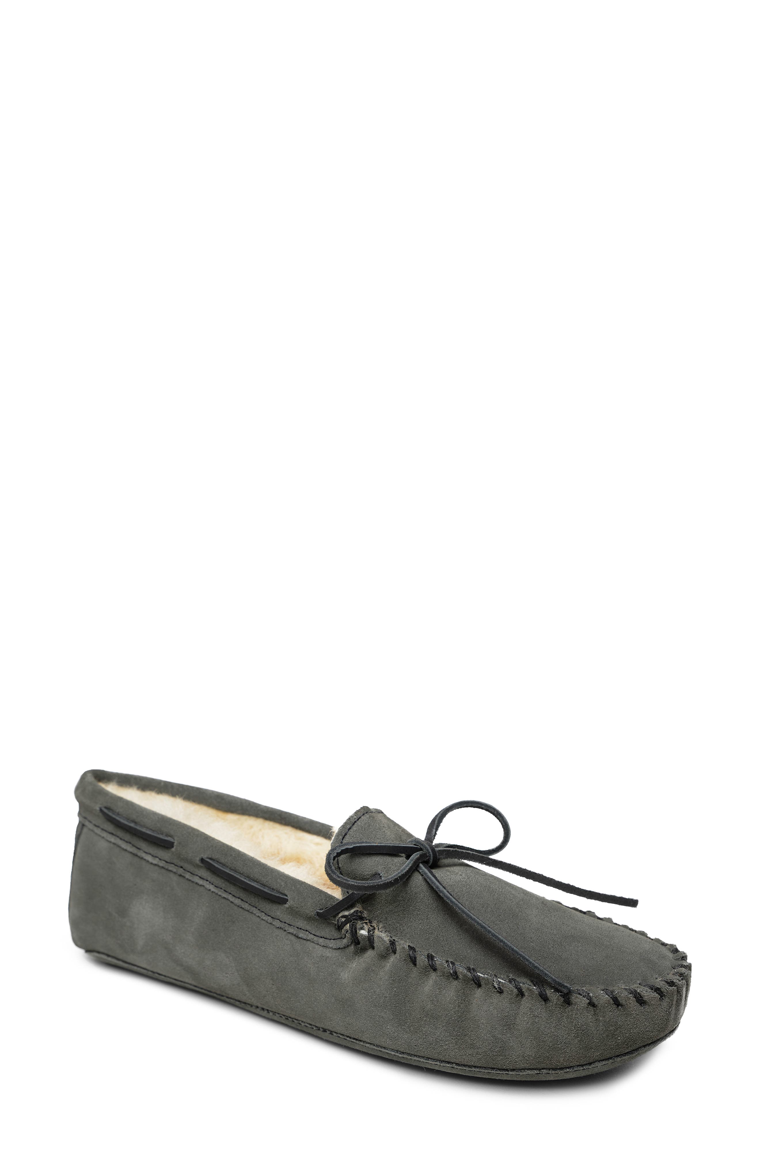 Minnetonka Genuine Shearling Lined Slipper, Main, color, Grey Suede