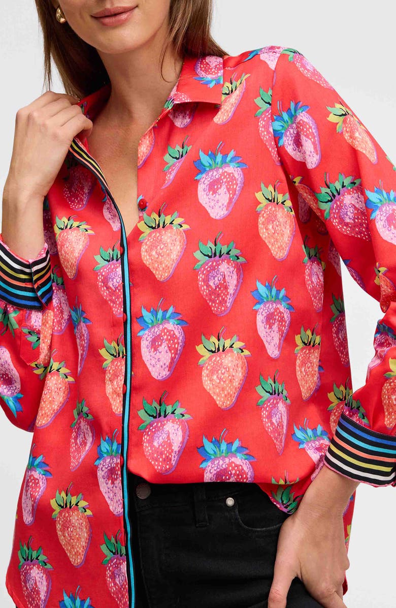 Foxcroft Charlie Strawberry Print Cotton Button-Up Shirt, Alternate, color, Multi