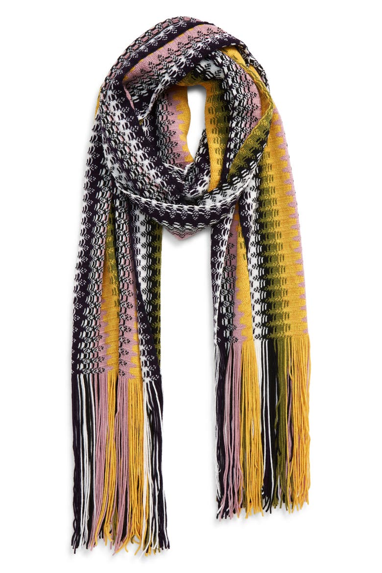 Pattern Stripe Fringe Wool Scarf, Alternate, color, MULTI ROSE/ BLACK
