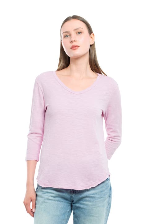 3/4 Sleeve V-Neck Shirttail Tee With Raw Hem Top
