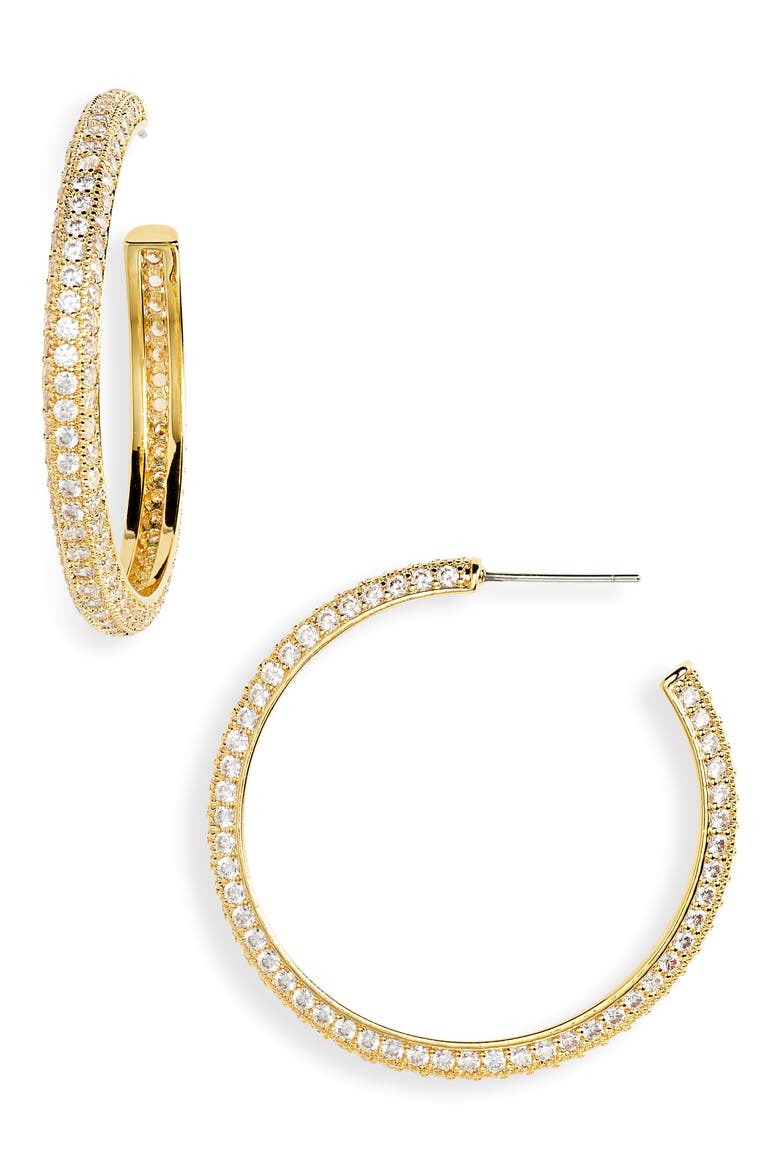 Cubic Zirconia Pavé Hoop Earrings, Main, color, CLEAR- GOLD