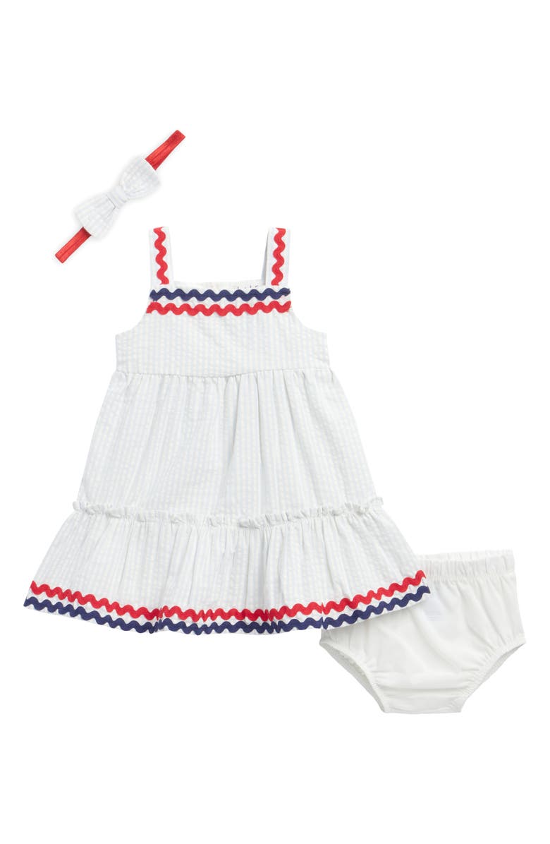 Nicole Miller Americana Rickrack Trim Dress, Bloomers & Headband Set, Main, color, Heather
