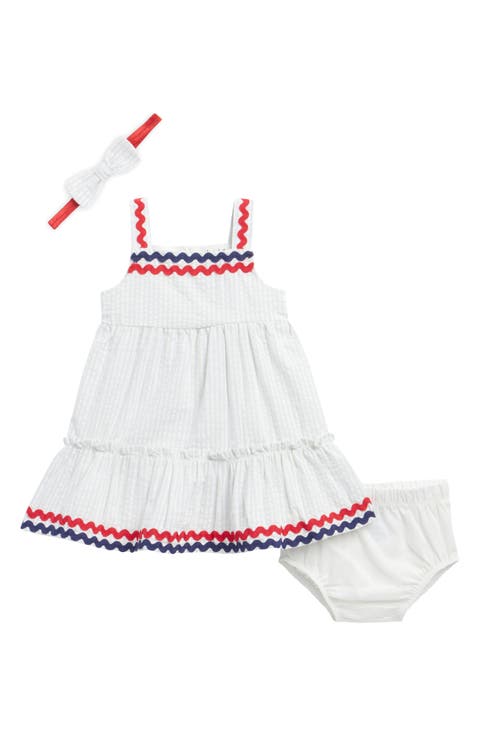 Americana Rickrack Trim Dress, Bloomers & Headband Set (Baby)