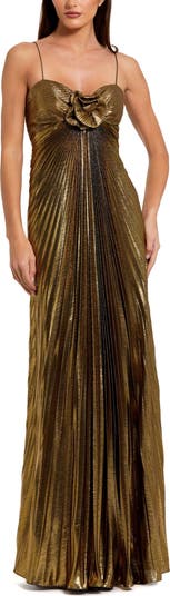 Thin Strap Pleated Metallic Gown With 3D Flower