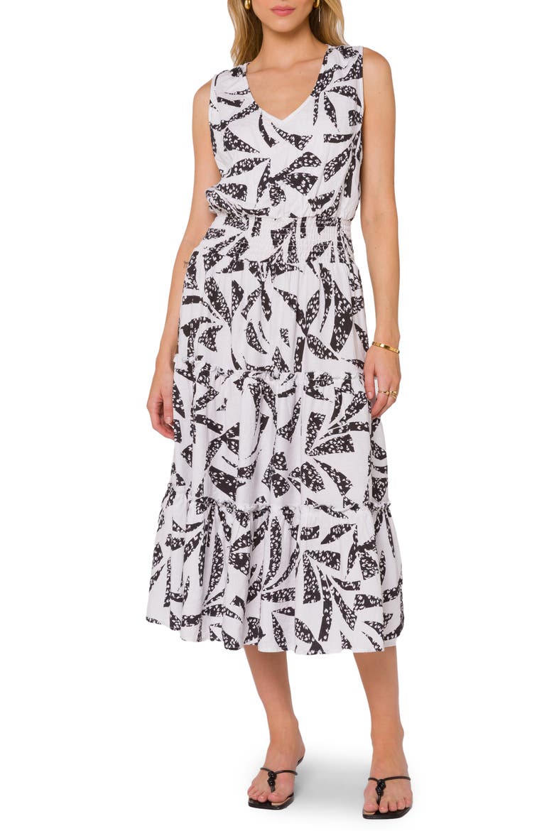 V-Neck Sleeveless Ruffle Midi Dress, Main, color, BLACK WHITE SKIN