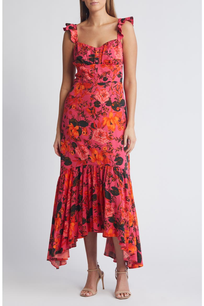 Floral Ruffle Strap Handkerchief Hem Dress, Main, color, PINK- ORANGE FRUITFUL BLOOMS