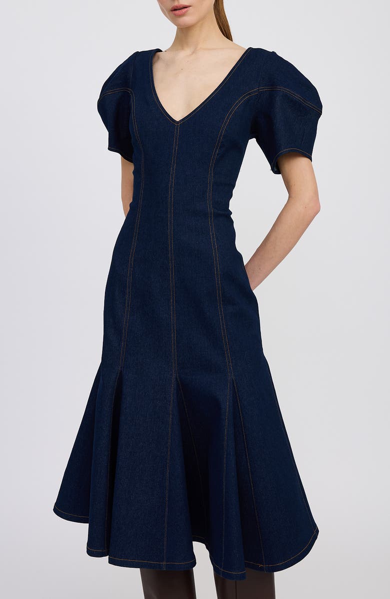 En Saison Seraphina Puff Sleeve Denim Midi Dress, Alternate, color, Indigo