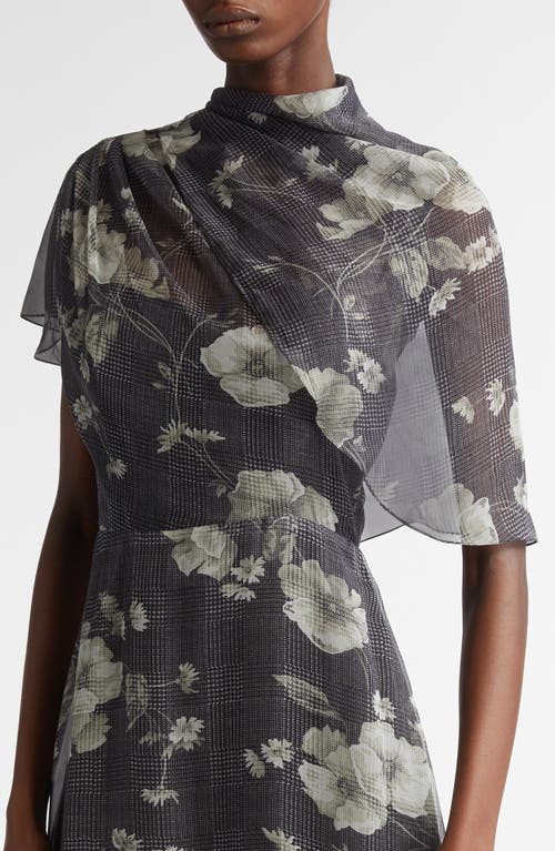 Lela Rose Floral Print Glen Plaid Chiffon Draped A-line Dress In Ivory Multi