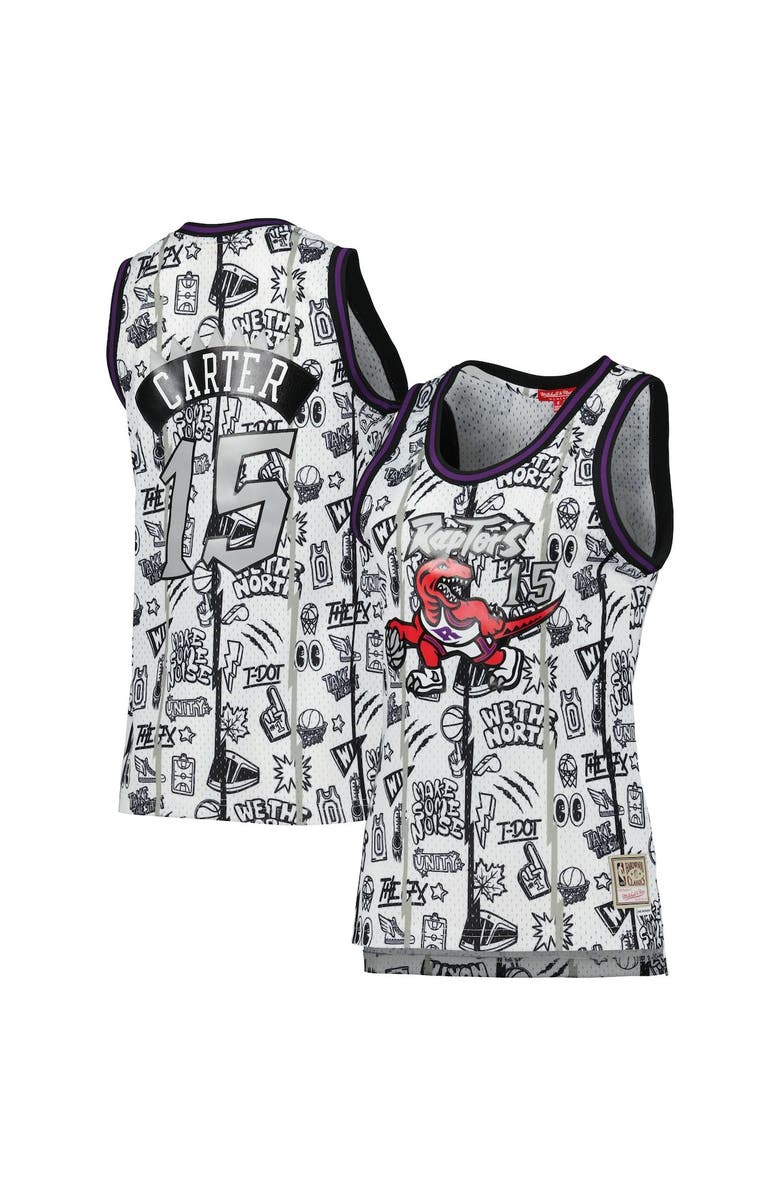 Mitchell & Ness Women's Mitchell & Ness Vince Carter White Toronto Raptors 1998 Doodle Swingman Jersey, Main, color, 