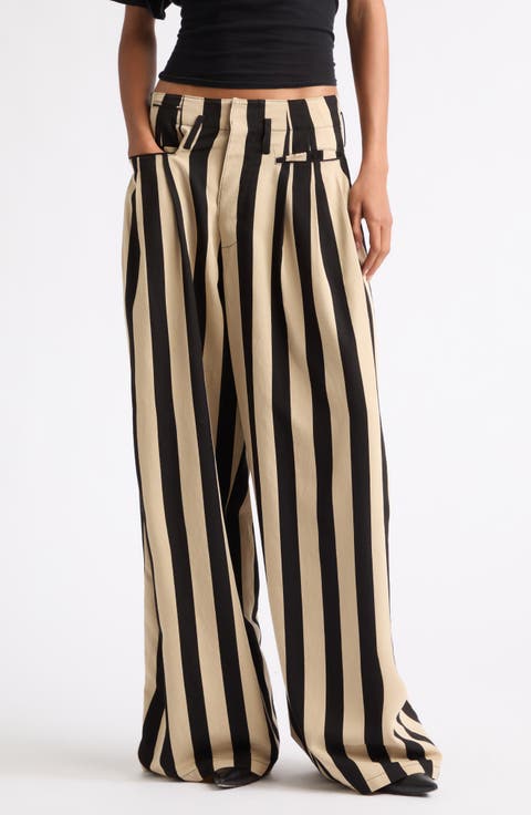 Triple Pleat Striped Wide Leg Pants