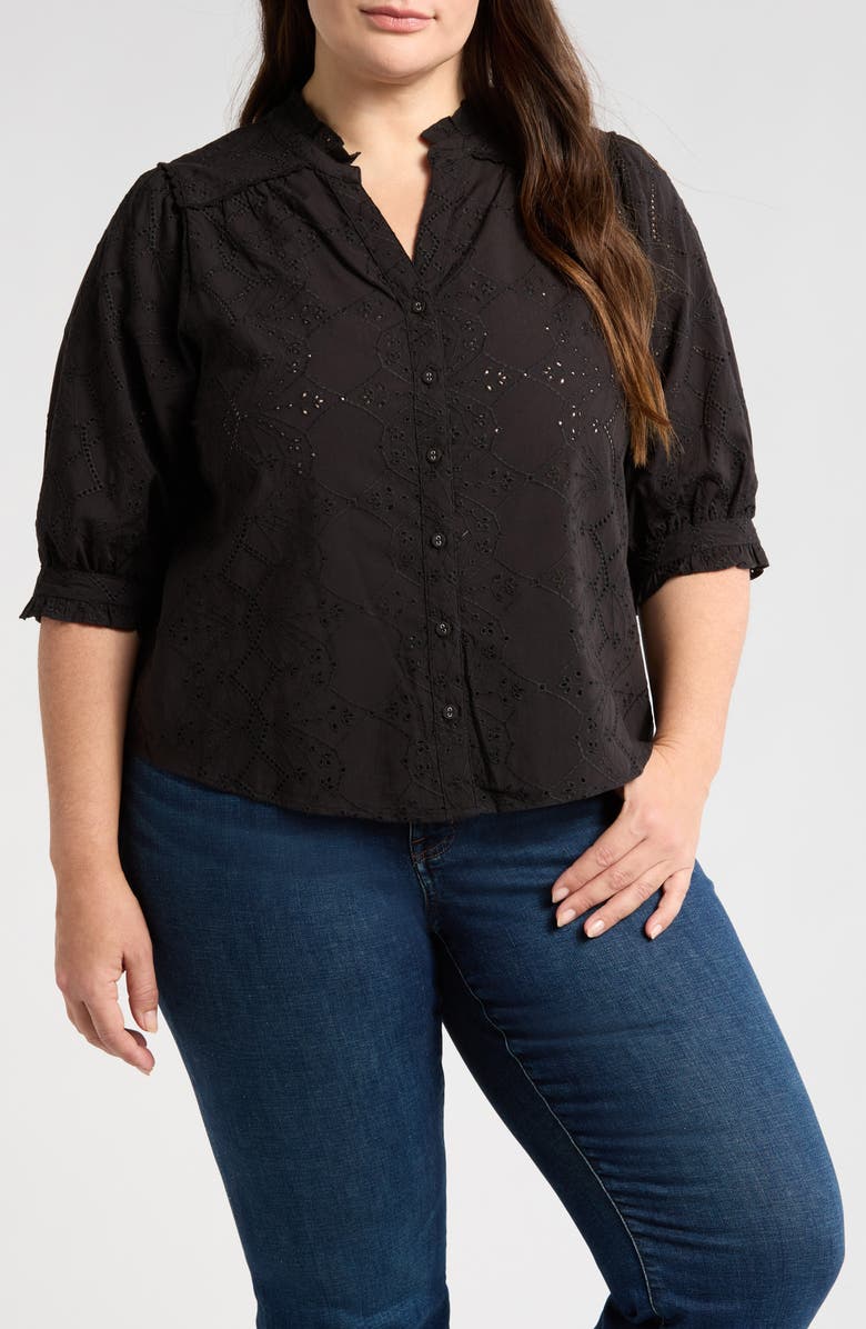 Wit & Wisdom Below Eyelet Lantern Sleeve Top, Main, color, Black