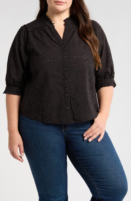 Wit & Wisdom Below Eyelet Lantern Sleeve Top In Black