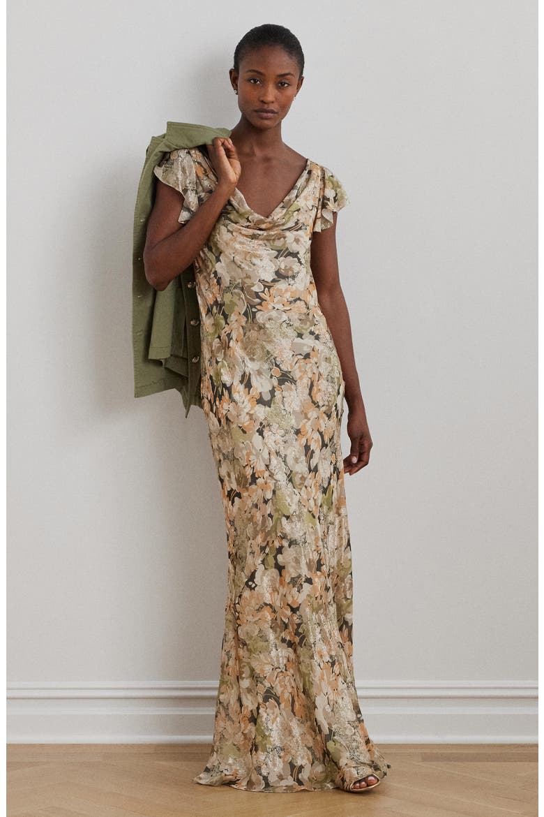 Metallic Floral Jacquard Cowl Neck Gown, Alternate, color, GREEN MULTI