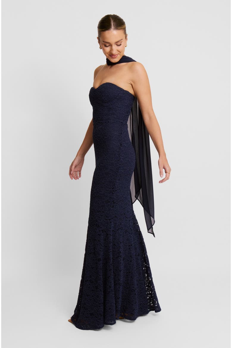 Lace Corset Maxi Dress With Neck Scarf, Alternate, color, Navy