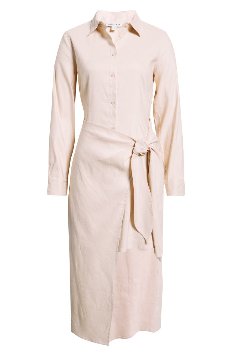 Nordstrom Long Sleeve Stretch Linen Blend Faux Wrap Shirtdress, Alternate, color, Beige Oatmeal