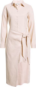 Nordstrom Long Sleeve Stretch Linen Blend Faux Wrap Shirtdress