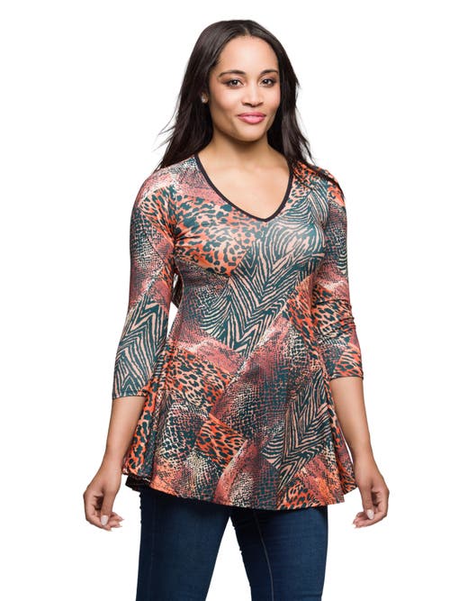 24seven Comfort Apparel Animal Print V-neck Three Quarter Sleeve Tunic Top In Neutral