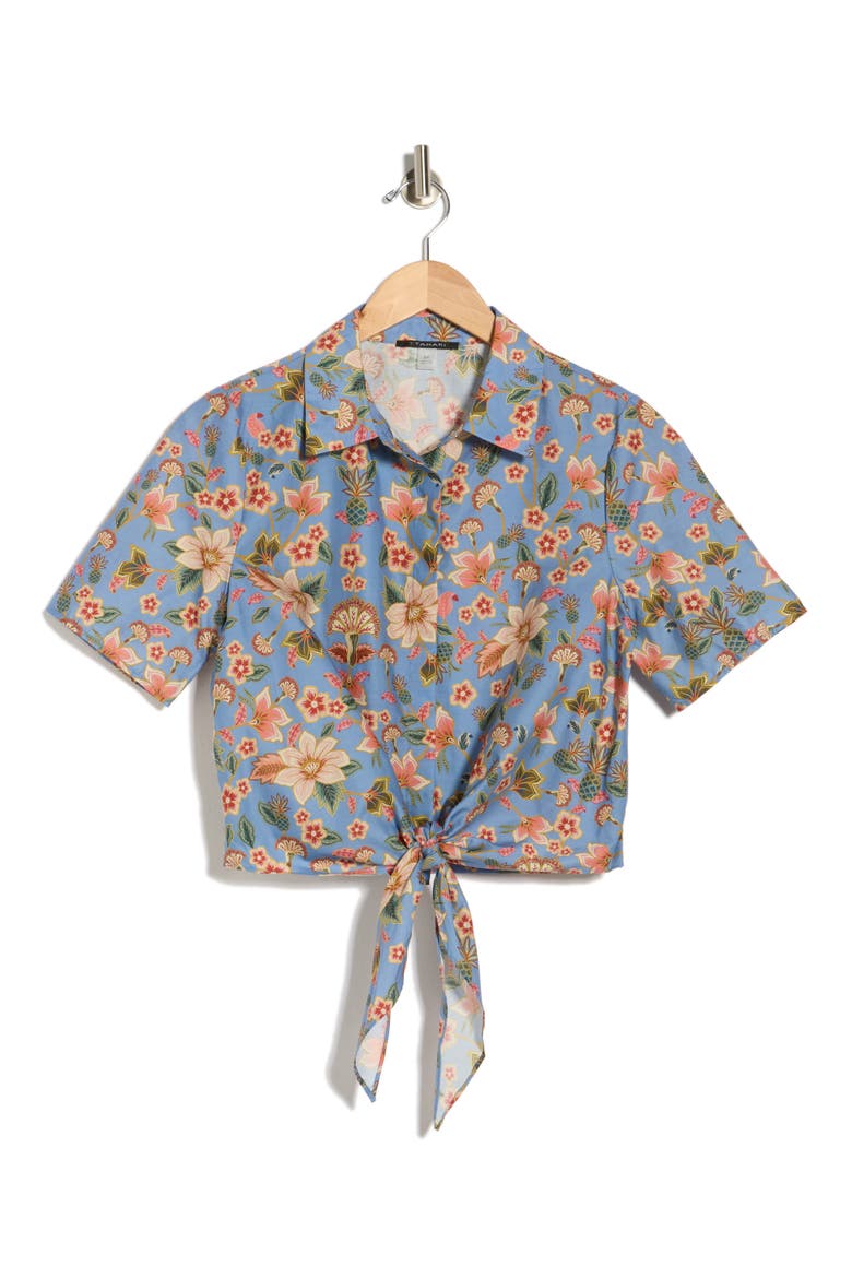 Tie Front Short Sleeve Button-Up Shirt, Alternate, color, BLUE WILD FLOWER PRINT