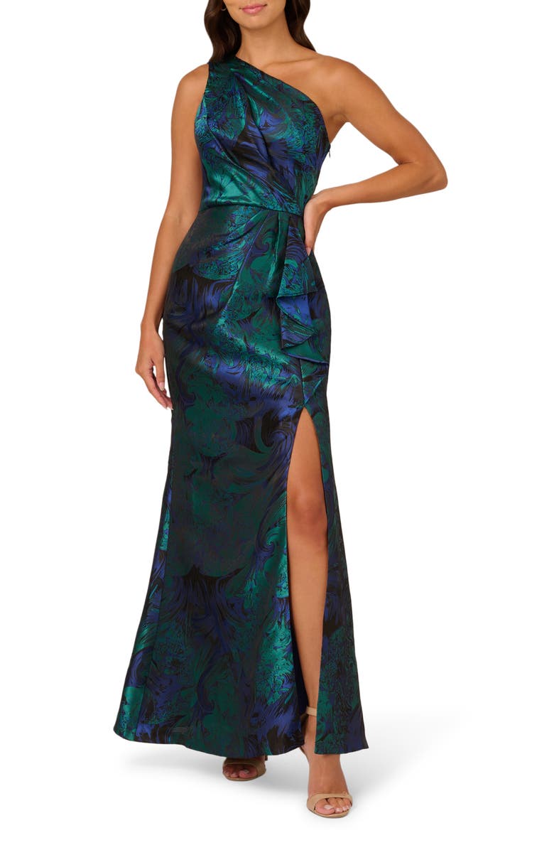 Adrianna Papell One-Shoulder Jacquard Gown, Main, color, Cobalt/Teal