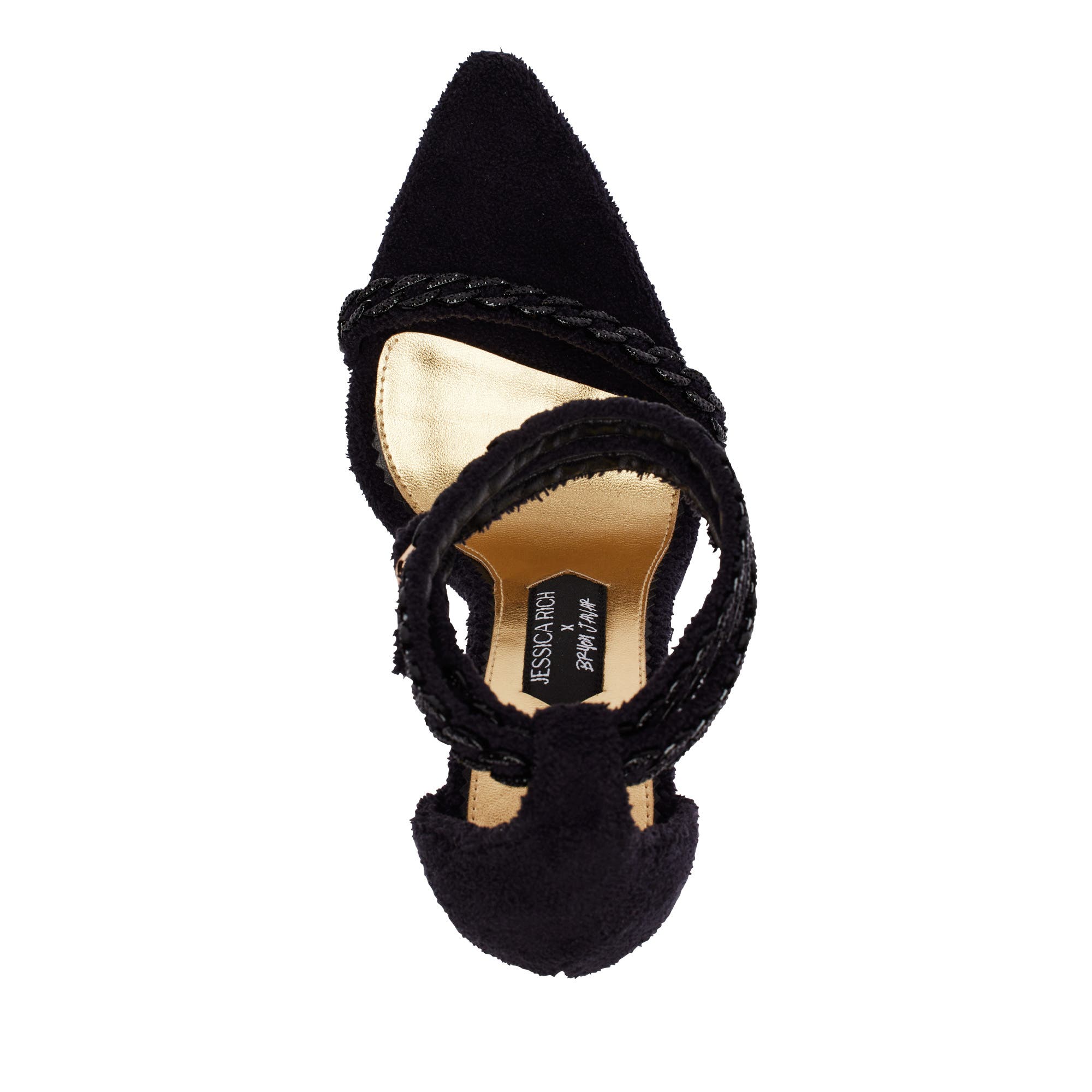 JESSICA RICH This iconic line of must-have heels blends elegance with modern flair, offering the perfect statement piece for any wardrobe. One of the most unique designs in this collection is The Lisa Sandal. This shoe is equal parts cozy and classy with its terry cloth fabric and monochromatic diamanté chain embellishments., Alternate, color, Noir