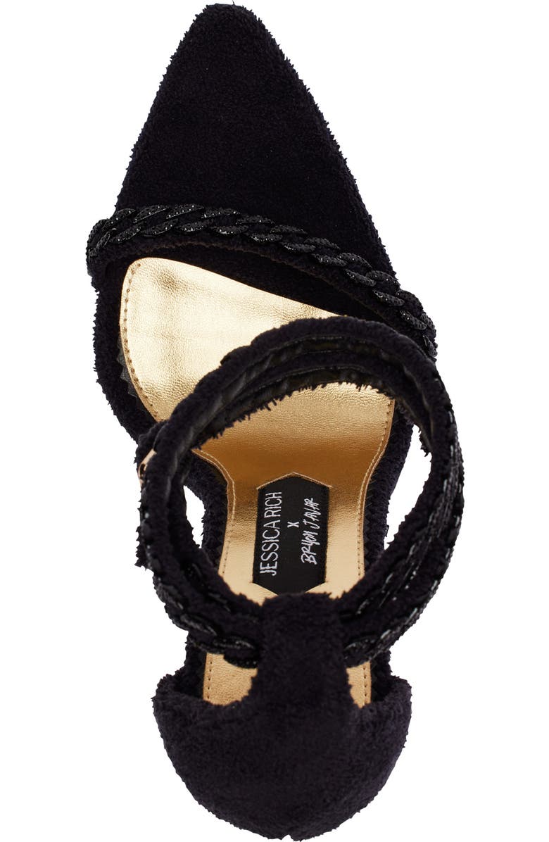 JESSICA RICH This iconic line of must-have heels blends elegance with modern flair, offering the perfect statement piece for any wardrobe. One of the most unique designs in this collection is The Lisa Sandal. This shoe is equal parts cozy and classy with its terry cloth fabric and monochromatic diamanté chain embellishments., Alternate, color, Noir
