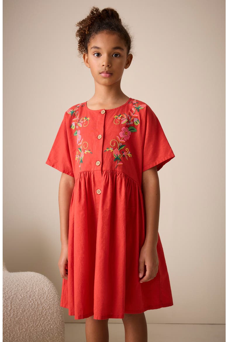 Kids' Embroidered Cotton Button-Up Dress, Alternate, color, RED