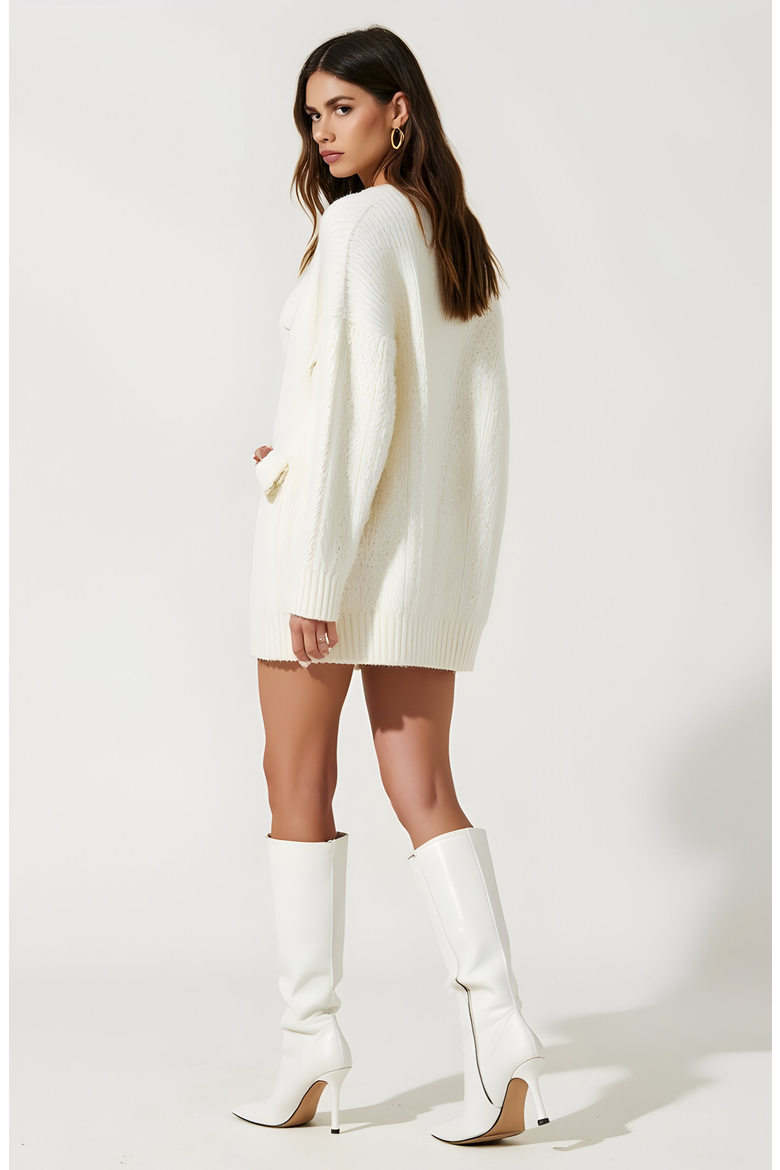 Oversized Knit Sweater Dress with Statement Bow and Ribbed Trim, Alternate, color, Ivory