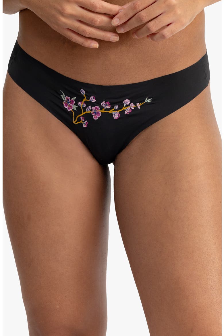 Soft Seamless Thong with Embroidery, Main, color, TAP SHOE BLACK