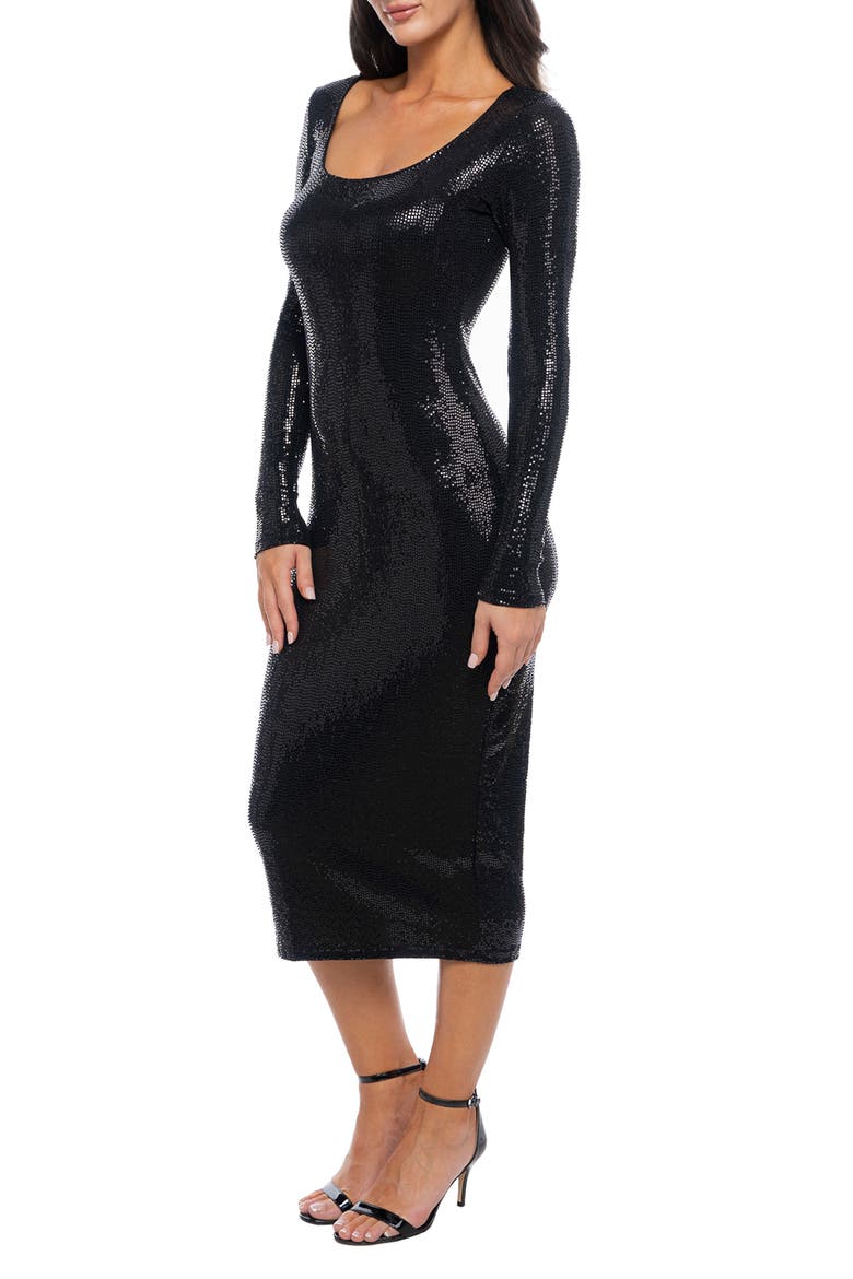 Disco Dot Long Sleeve Sequin Midi Dress, Alternate, color, BLACK