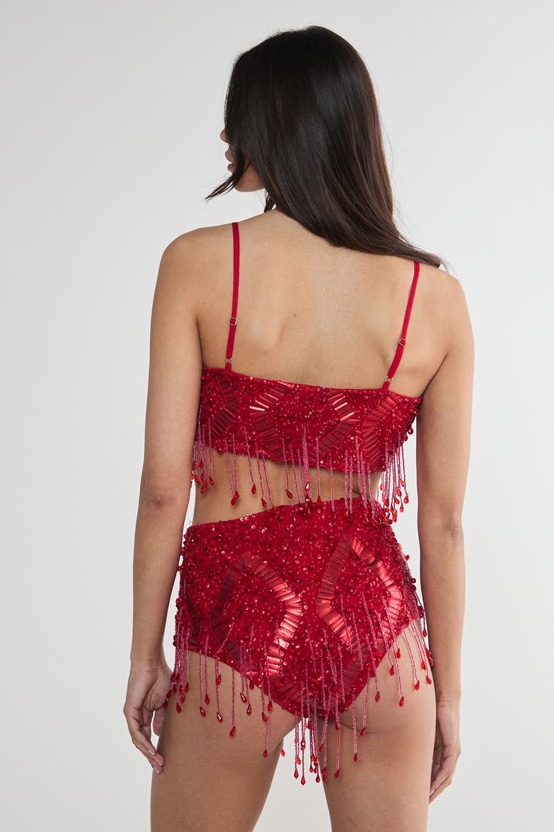 Embellished Tassel Beaded Crop Top, Alternate, color, Red