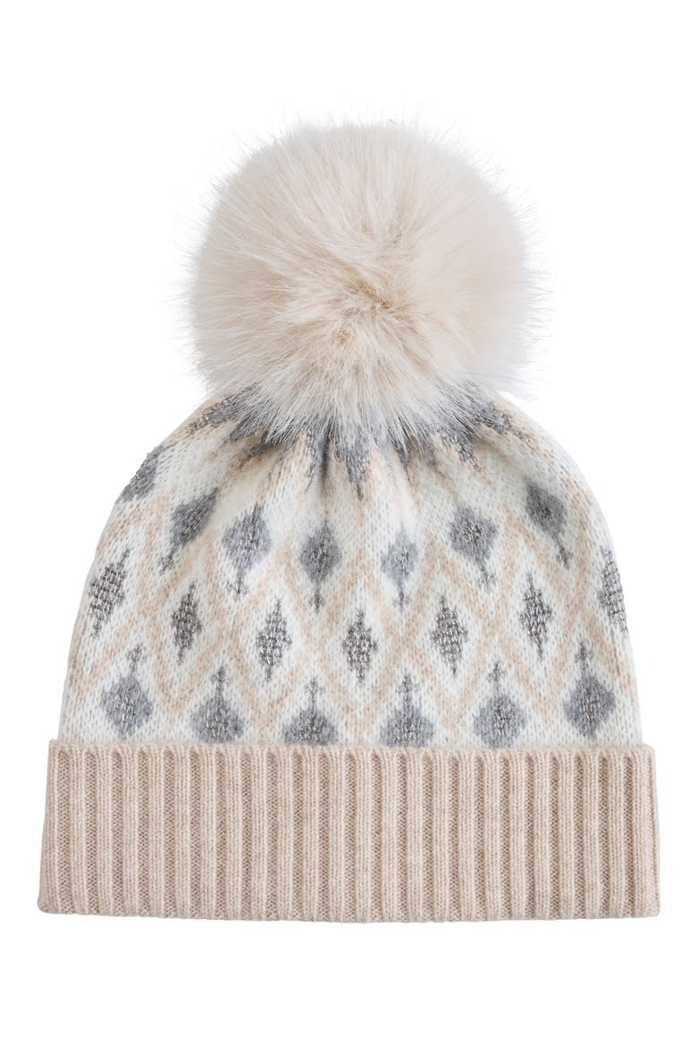Fair Isle Faux Fur Pom Beanie, Main, color, OATMEAL