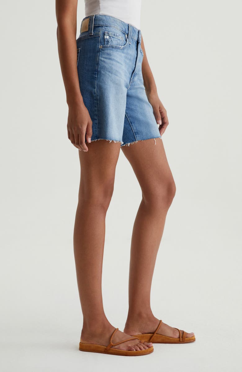 AG Ex-Boyfriend Distressed Raw Hem Mid Length Denim Shorts, Alternate, color, Iris