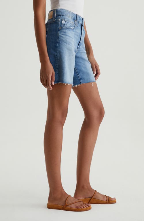 Ag Ex-boyfriend Distressed Raw Hem Mid Length Denim Shorts In Blue