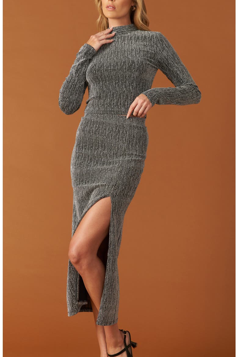 Mock Neck Crop Top & Midi Skirt Set, Alternate, color, SILVER