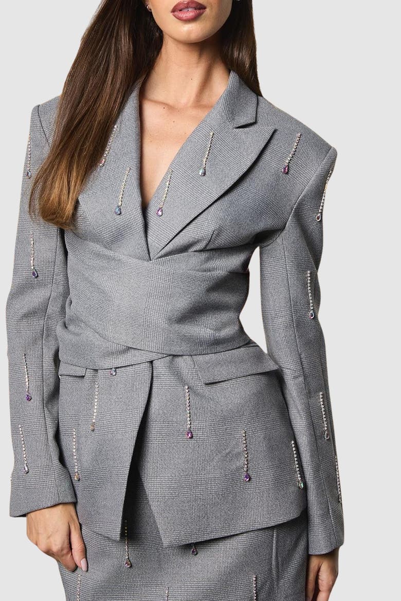 Muse Check Tie Embellished Blazer, Alternate, color, Grey