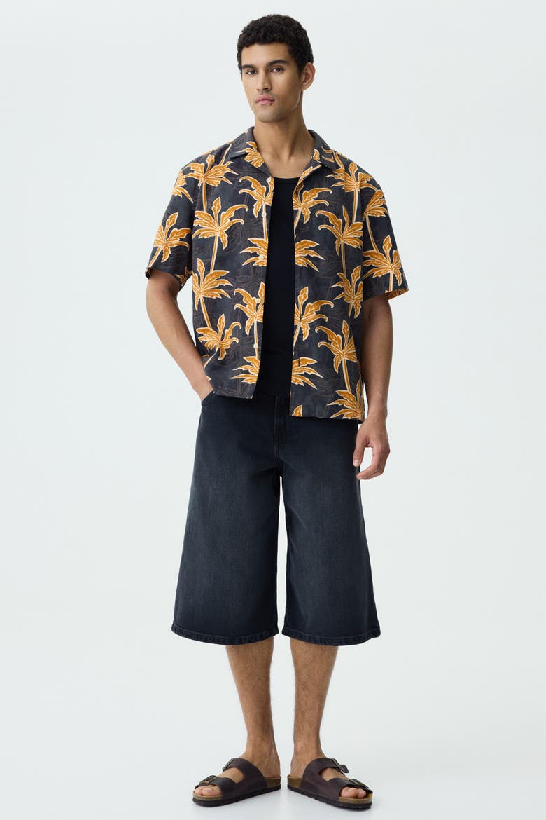 Relaxed Fit Cotton Resort Shirt, Alternate, color, Black/palm trees