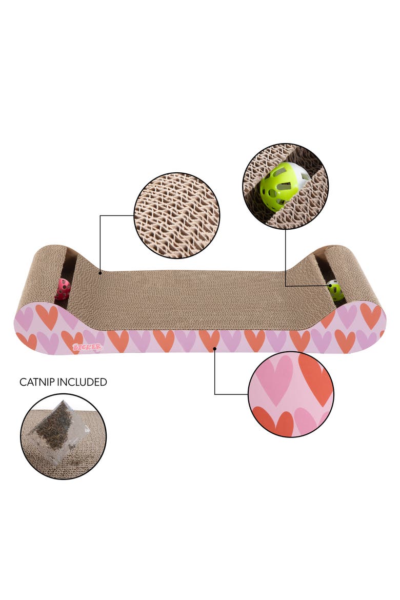 Rini Modern Cardboard Lounge Bed Cat Scratcher with Built-In Bell Toys and Catnip, Alternate, color, Pink/Red