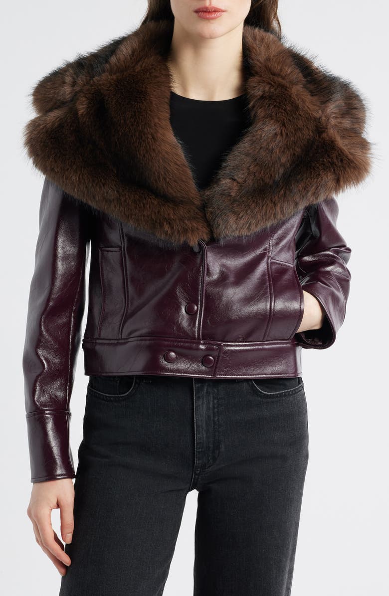 MANGO Cleo Faux Fur Collar Faux Leather Crop Jacket, Alternate, color, Maroon