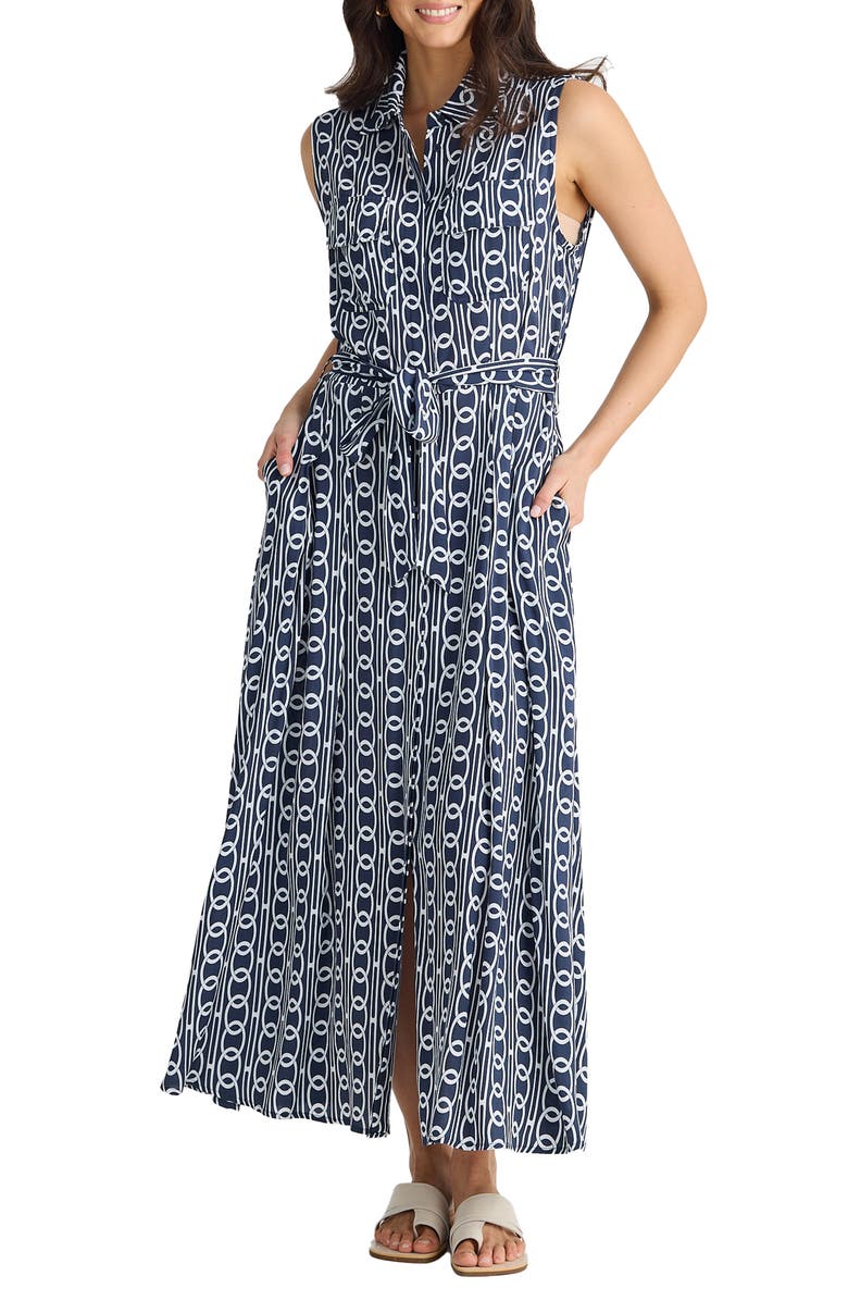 Brave+True Rossellini Print Sleeveless Tie Waist Shirtdress, Main, color, Navy Links