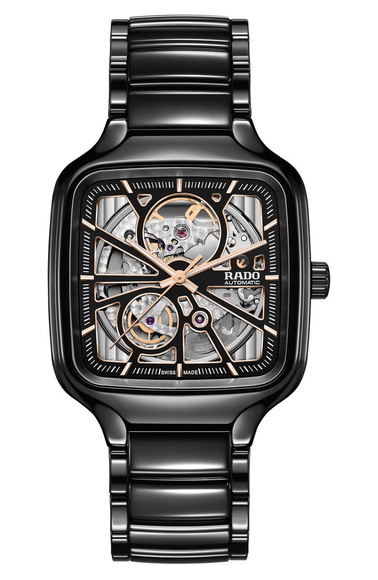 RADO True Square Automatic Open Heart Ceramic Bracelet Watch, Main, color, 