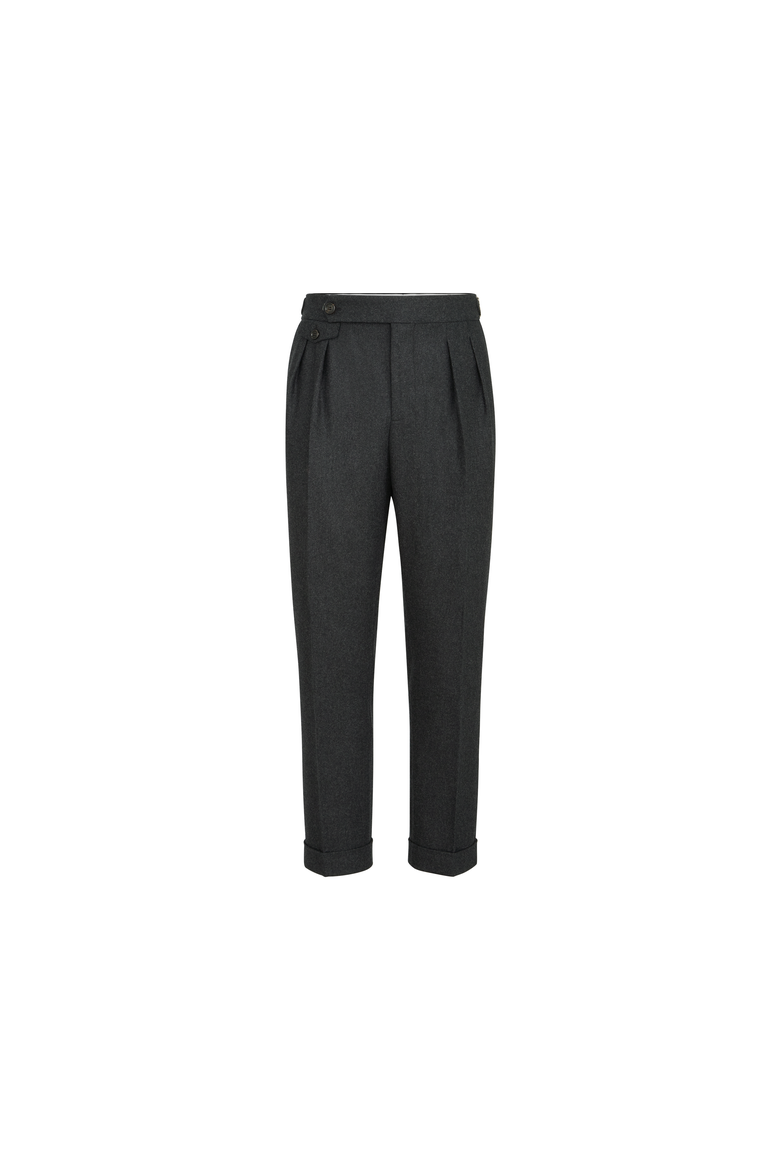 Virgin wool flannel trousers in twisted cotton gabardine with double pleats and waist tabs, Alternate, color, Lignite