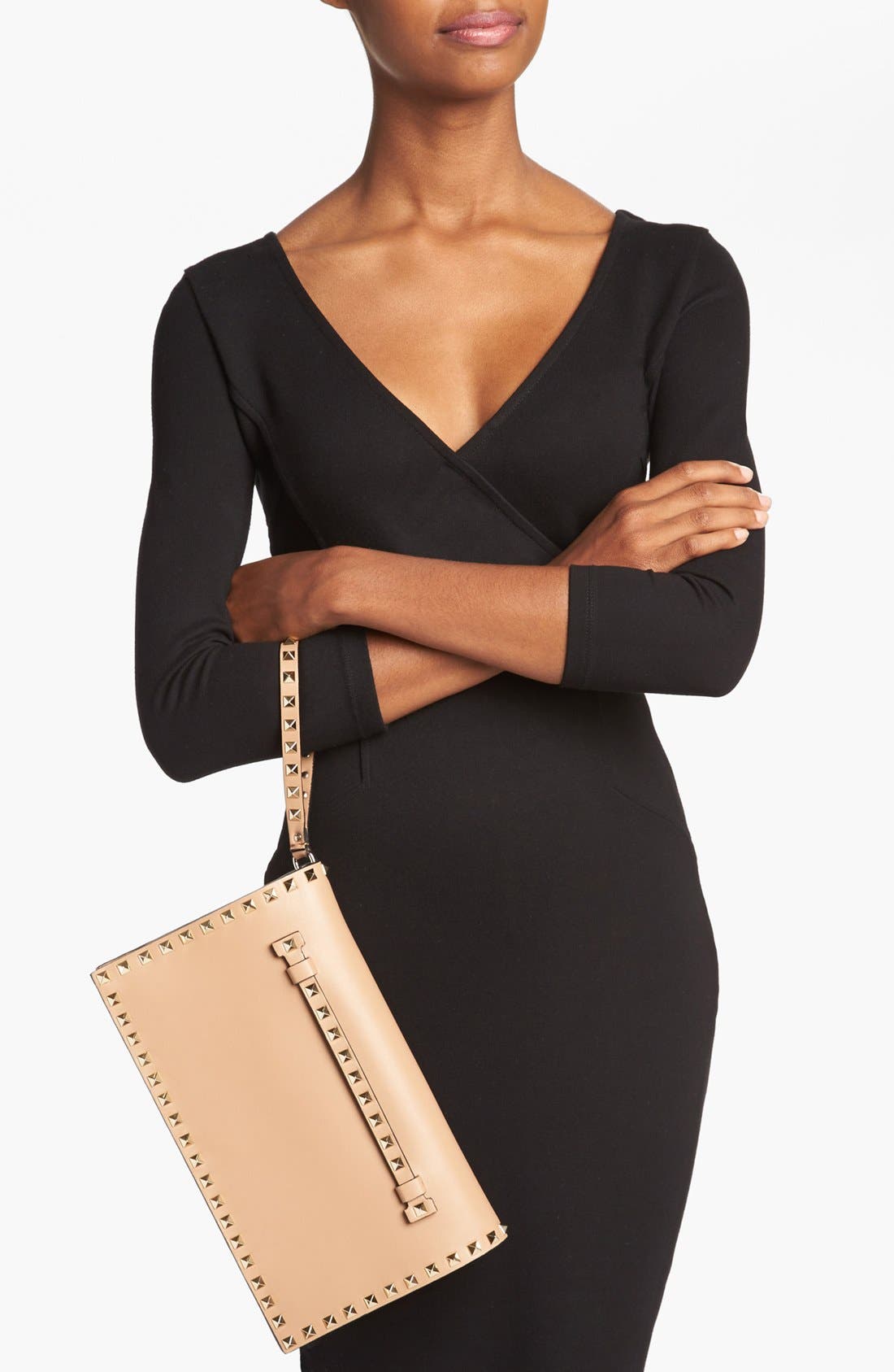 'Rockstud' Nappa Leather Flap Clutch, Alternate, color, ALPACA