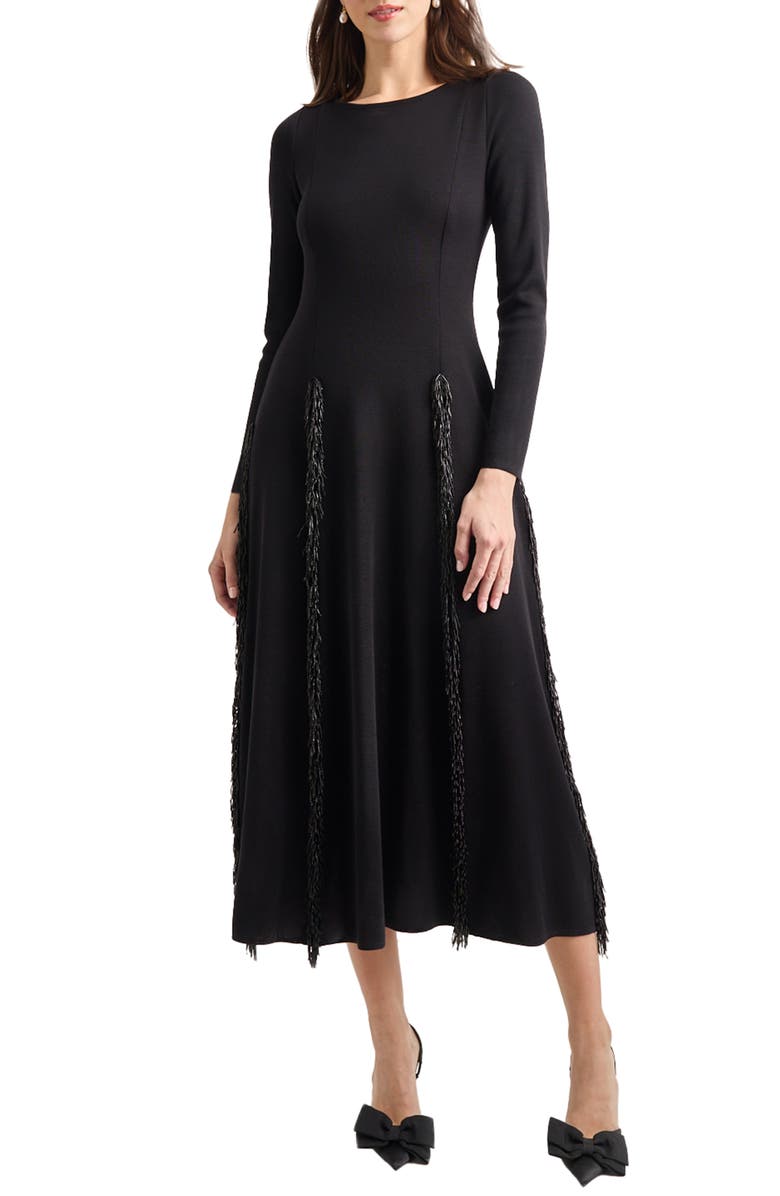 Misook Sequin Fringe Long Sleeve Fit & Flare Dress, Main, color, 