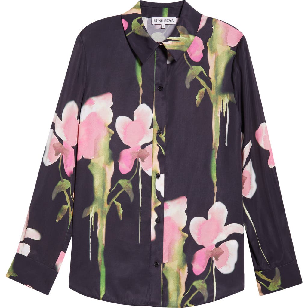 Stine Goya Melting Flowers Print Button Front Shirt In Black