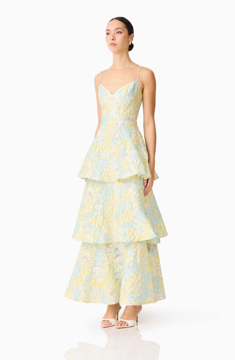 Elliatt Penelope Tiered Sleeveless Jacquard Gown, Alternate, color, Yellow Blue