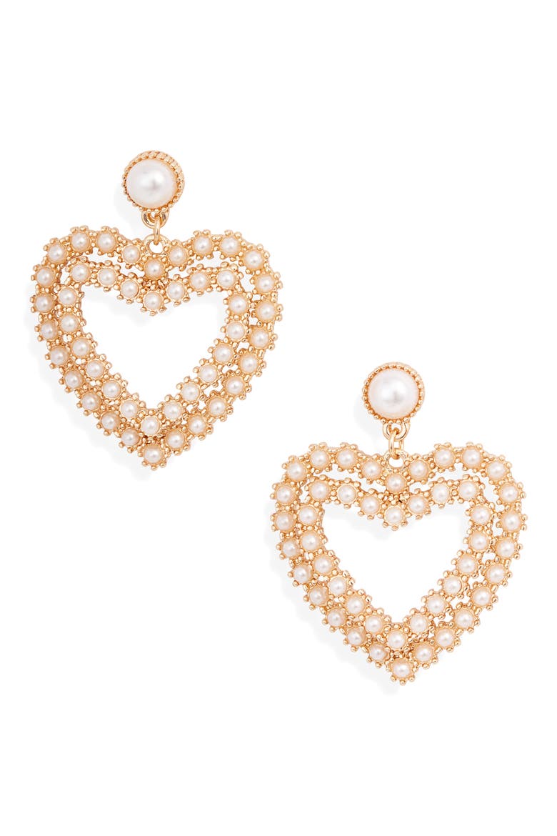 Imitation Pearl Heart Drop Earrings, Main, color, WHITE- GOLD